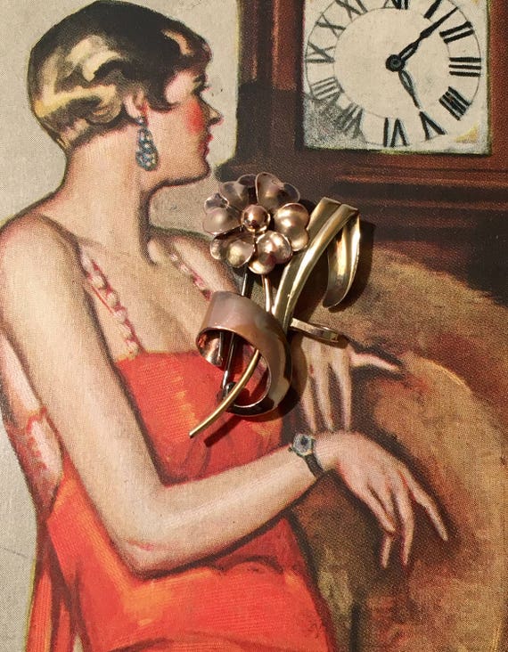 Gold Rose Brooch, Vintage Art Deco CA Signed Gold… - image 3