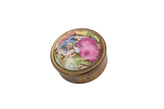 Vintage Victorian Courting Scene Pill Box, Porcelain Lid ,Trinket Box View 4