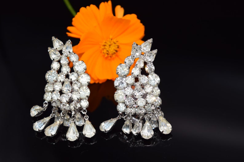 Wedding Earrings, Dangle Earrings Bridal Earrings Vintage Art Deco Rhinestone Earrings Clip On Earrings