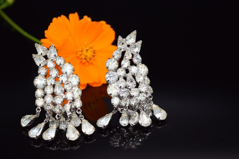 Wedding Earrings, Dangle Earrings Bridal Earrings Vintage Art Deco Rhinestone Earrings Clip On Earrings