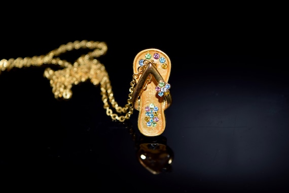 Gold Flip Flop Charm Necklace, Rhinestone Flower S