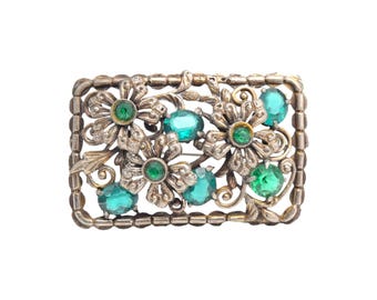 Antique Art Nouveau Brooch, Emerald Green Glass Stones, Layered Flowers, Scrolls, Pot Metal, Rectangular Pin, Floral Openwork, 2 1/2 Inch