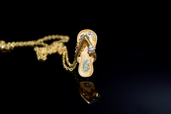 Gold Flip Flop Charm Necklace, Rhinestone Flower … - image 2