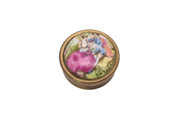 Vintage Victorian Courting Scene Pill Box, Porcelain Lid ,Trinket Box