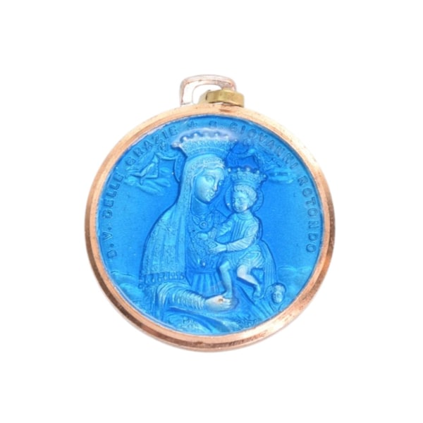 Vintage Padre Pio Blue Enamel Catholic Pendant, Our Lady of Graces Charm