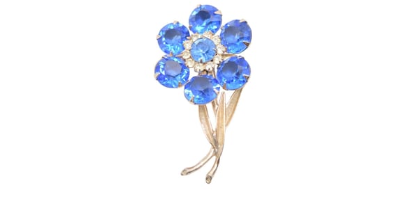 Large Blue Rhinestone Flower Brooch Pin, - image 1