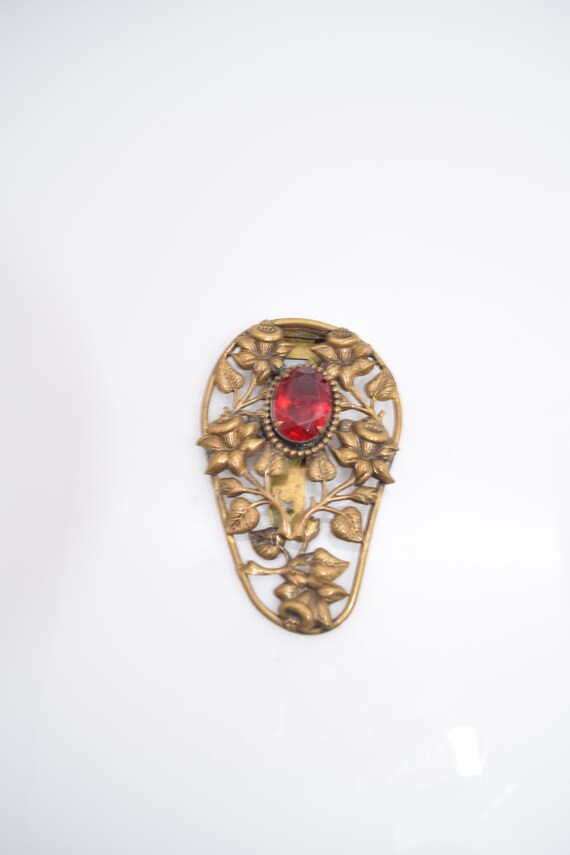 Large Vintage Brass Flower Dress Clip, Red Stone