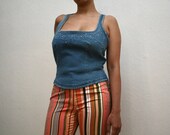 2000s Escada blue denim and rhinestones cross back corset top - medium