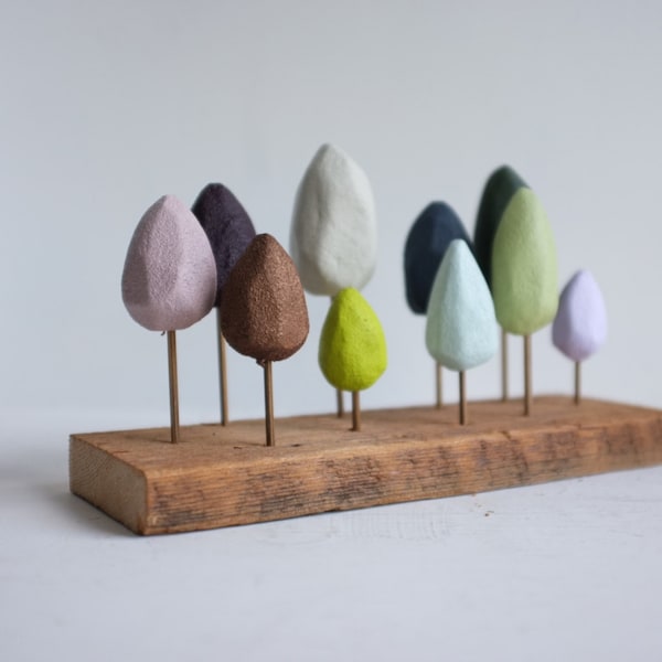 Paint swatch tabletop forest - small hand carved trees in pastels and jewel tones - rustic woods table centerpiece foresr