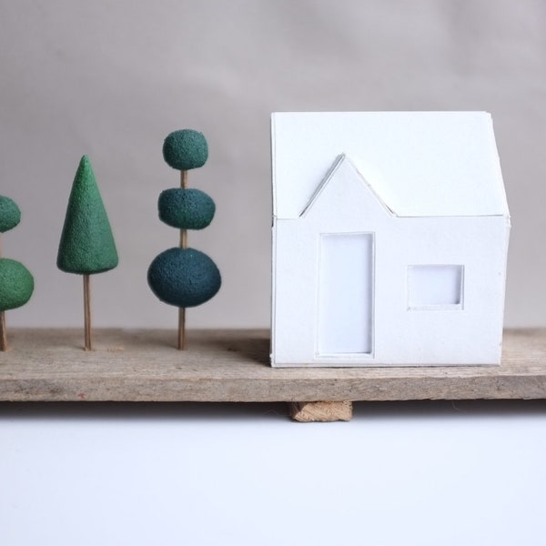 BoxingDaySale Miniature house with sculptural topiaries, perfect gift, december find