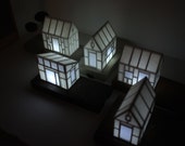 Miniature paper house light with gold tree - birch wood base in honey color  - geometric architecture - metallic tree - glowing house