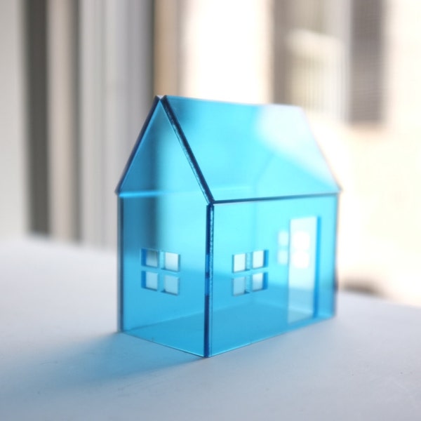 Blue acrylic miniature structure - cobalt glass-like tabletop house - geometric architecture in icy blue