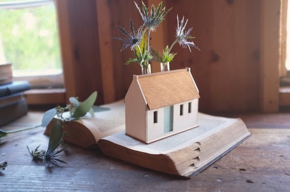Irish cottage bud vase house - medium - ivory structure with pale blue door - rustic decor flower vase