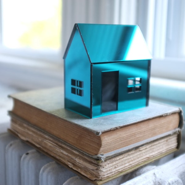 Miniature shiny structure in teal acrylic - little house in peacock blue and green - tiny blue green architecture