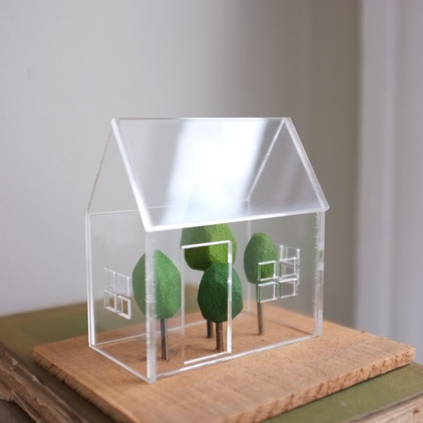 Miniature greenhouse style acrylic house with little hand carved trees