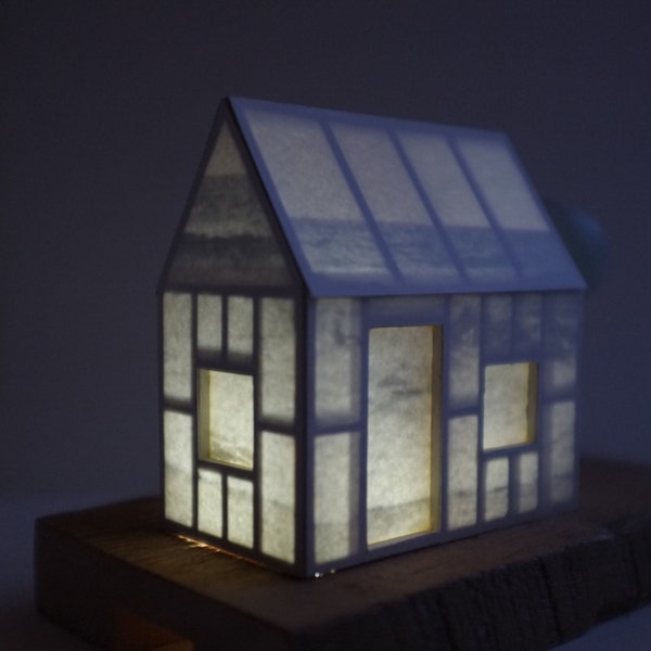 Hidden seas house - lighted paper house - small architectural structure on reclaimed wood base
