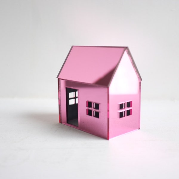 Bubblegum pink little house - mirrored pink miniature structure - rose colored geometric architecture