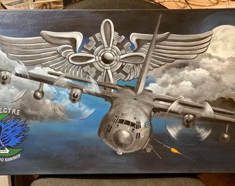 Made To Order: Acrylic Hand Painted AC-130 Gunship with Your Squadron Patches - Choose Your Size - Dark Cloud Moon Background