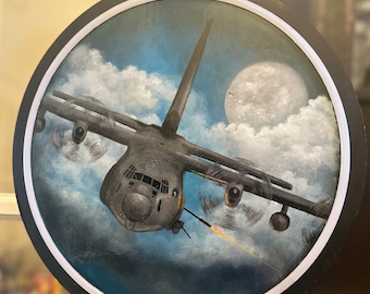 14 inch Round Hand Painted AC-130J Gunship on Wood