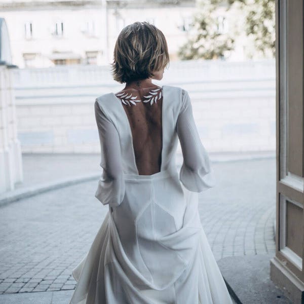 Ivory Crepe Open Back Wedding Dress and Handmade Embellishments, Long Sleeve Wedding Dress with Train L18, Beach Wedding Dress, Bridal