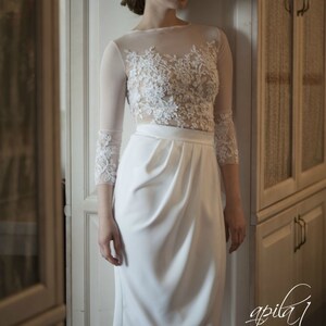 Short Wedding Dress, White and Nude Wedding Dress, Crepe and Lace Dress L10