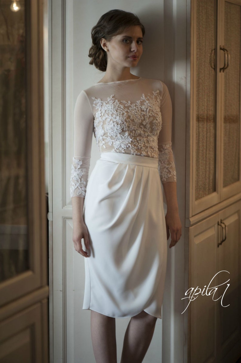 Classic bridal dress Custom dress Short Wedding Dress Crepe and Lace Dress L10 White and Nude Bridal Gown Romantic wedding gown