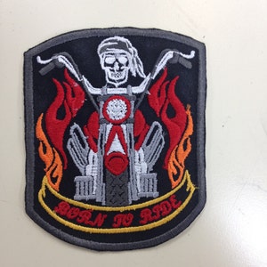 Motorcycle Iron On Embroidered Patch, Born to Ride Patch, Skeleton Motorcycle Flames Patch
