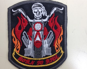 Motorcycle Iron On Embroidered Patch, Born to Ride Patch, Skeleton Motorcycle Flames Patch