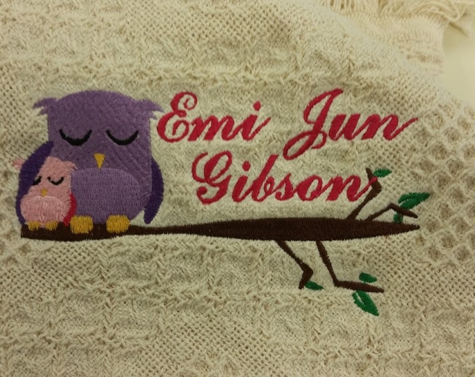 Sweet Owl Embroidered Afghan with name, Momma Owl and Baby Owl Afghan,  New Baby Embroidered Gift,  Baby Shower Personalized Throw