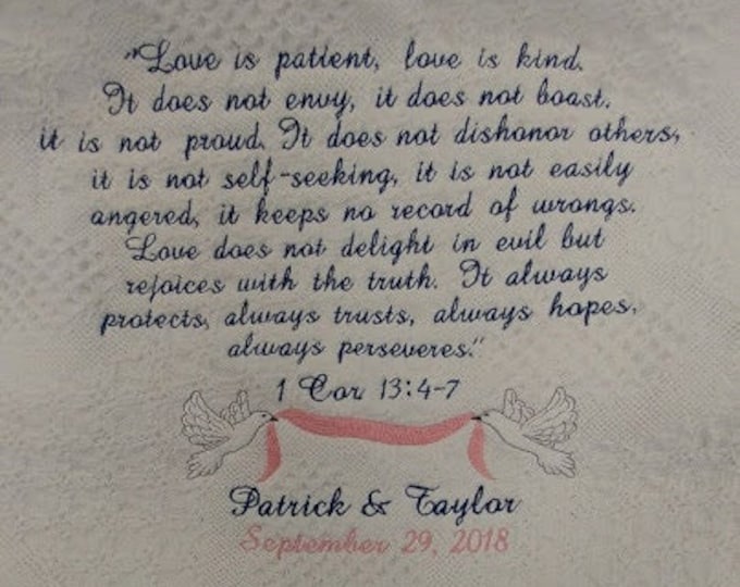 Love Is Patient Honeycomb Heart Afghan,  Wedding or Anniversary Gift Embroidered Throw