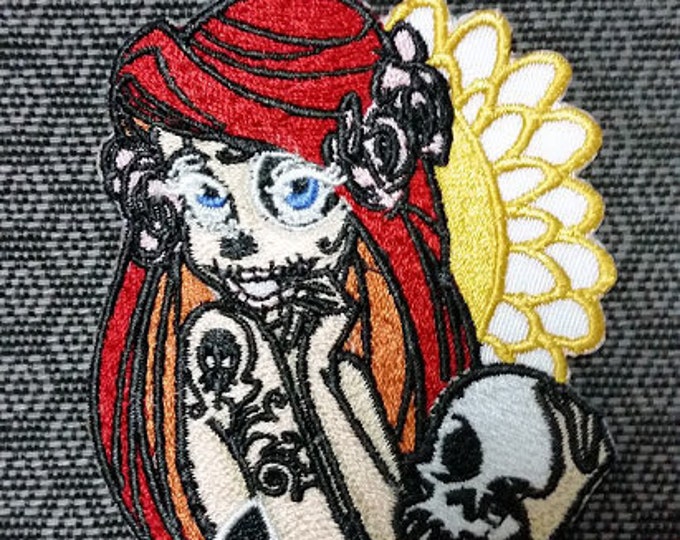 Tattooed Mermaid Day of Dead Embroidered Patch, Princess Altar Ego Patch, Skeleton Princess Patch, Mermaid Patch