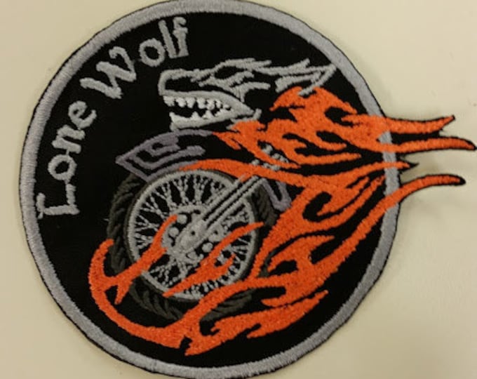 Lone Wolf Motorcycle Embroidered Patch with Iron On Backing, Biker Embroidered Patch, Wolf Patch