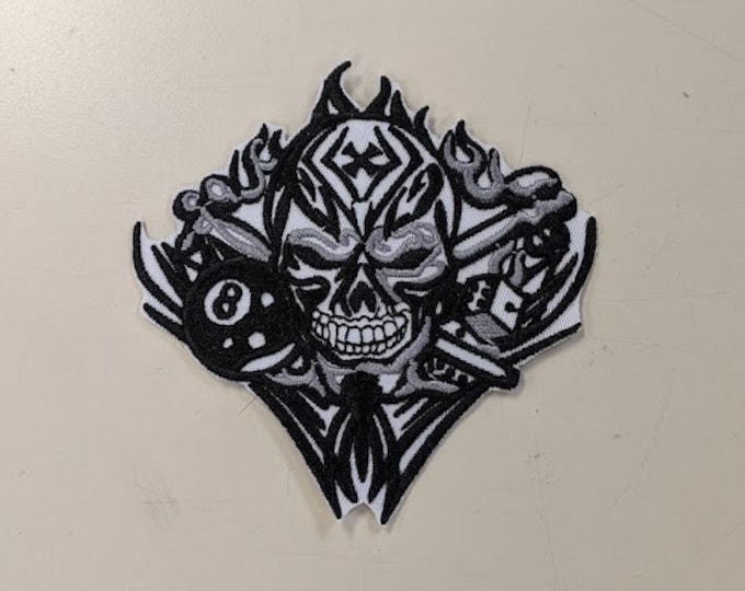Biker Skull Patch with 8 Ball and Dice