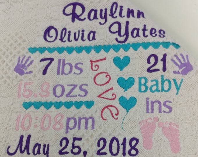 Birth Announcement Embroidered Baby Afghan,  Newborn Baby Gift for Baby Arrival, Personalized Custom Baby Blanket