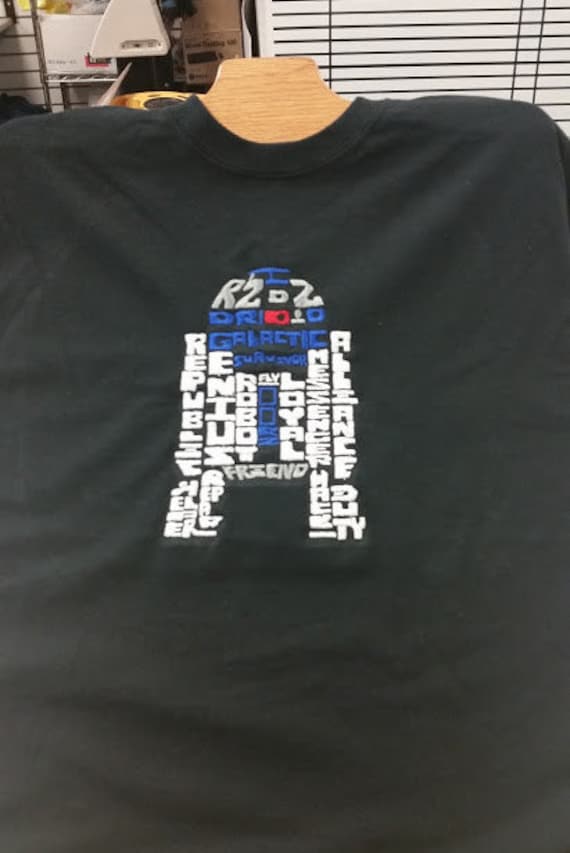 Sci Fi Fan Tee Shirt With Embroidered Droid Text Art Droid Shirt Fanwear T Shirt Geek Tee Shirt Kids Embroidered Robot Tee Shirt