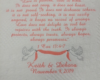 Love Is Patient Honeycomb Heart Afghan,  Wedding or Anniversary Gift Embroidered Throw