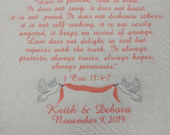 Love Is Patient Honeycomb Heart Afghan,  Wedding or Anniversary Gift Embroidered Throw