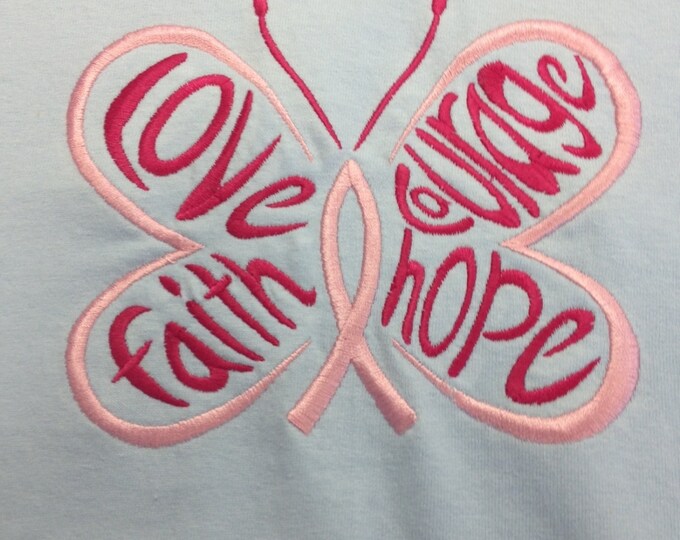 Cancer Awareness T-shirt, Butterfly Embroidery, Love Hope Faith Courage Tee, Cancer Ribbon, Awareness Tee, Cancer Butterfly Shirt