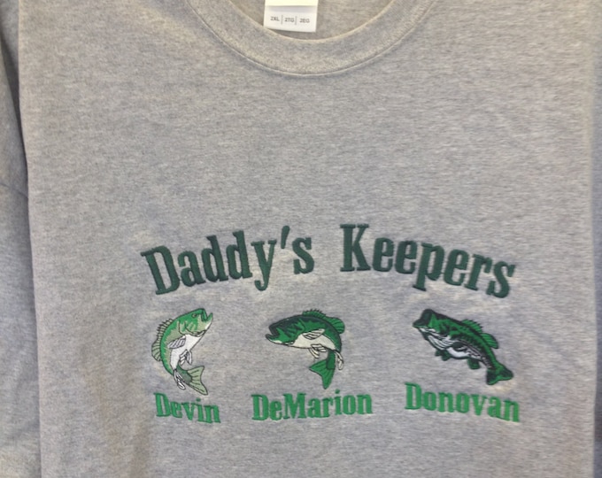 Father's Day Tee Shirt, Daddy's Keepers with kid's names, Fisherman's Personalized Tee with Children's Names, Custom Christmas Gift for Dad,