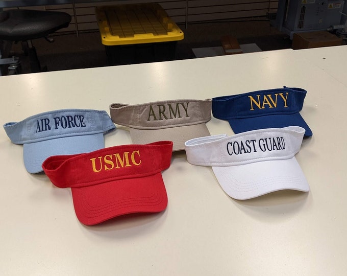 USA Military Branch Visors, USMC, Army, Navy, or Air Force Visors, Embroidered Military Branch Visors/Caps