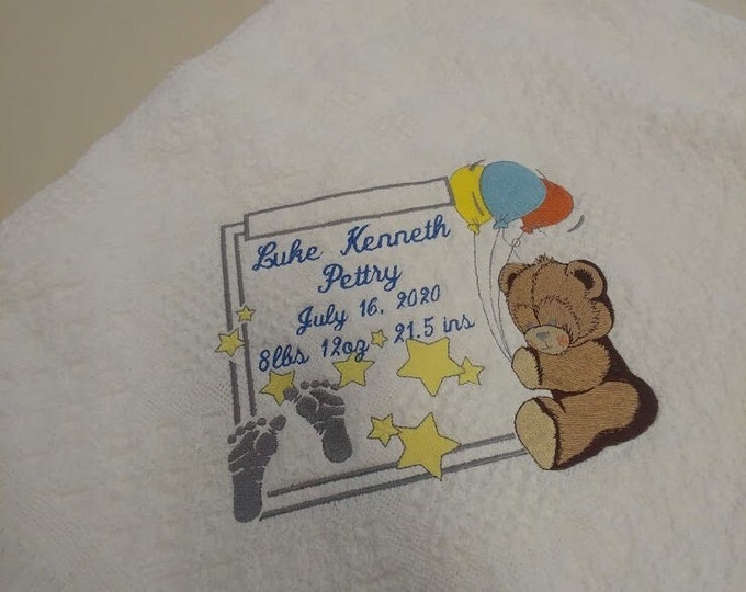 Personalized Embroidered Baby Afghan, Baby Blanket with Bear, Newborn Throw, Baby Shower Gift, Infant Blanket