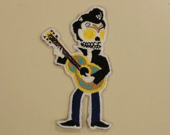 Rockabilly Skeleton Embroidered Patch, Skull Guitar Patch, Day of the Dead Embroidered Patch, Rockabilly Skull Patch