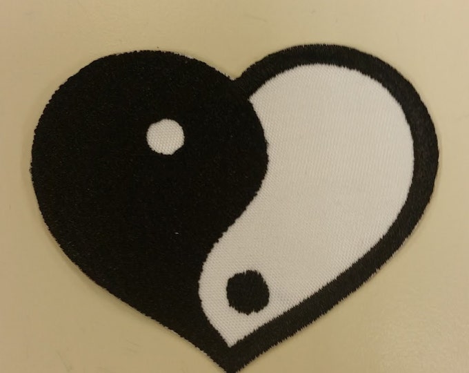 Yin Yang Embroidered Patch with Iron on Backing,  White & Black Heart Yin Yang Patch