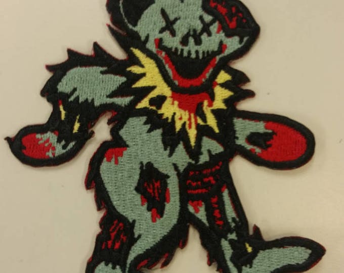 Undead Bear Embroidered Patch, Zombie Bear Iron On Patch, Rockin' Undead Bear Patch