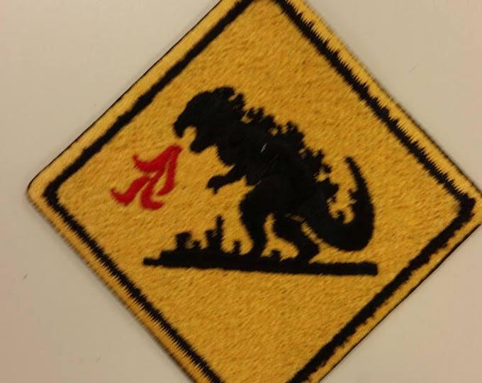 Japanese Monster Warning Embroidered Patch,  Iron On Fiery Lizard Patch