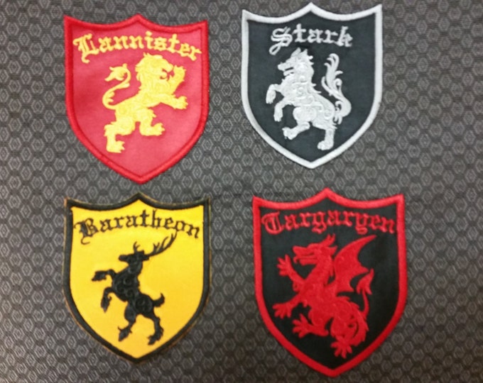 Fantasy House Shield Sigils Embroidered Iron On Patch, Wolf, Lion, Stag, Dragon Shield Patches
