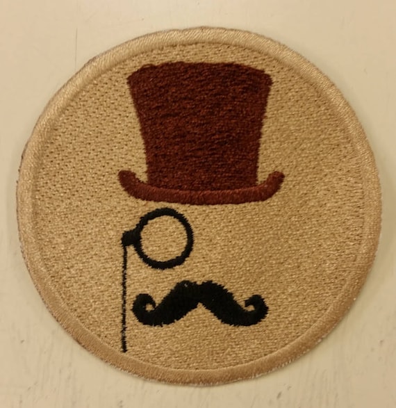 Swanky Hipster Patch, Man with mustache and TopHat Patch, Mocha colored Hipster Embroidered Patch, Mustache Iron On Patch