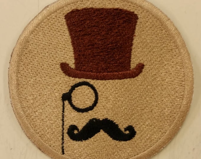 Swanky Hipster Patch, Man with mustache and TopHat Patch, Mocha colored Hipster Embroidered Patch, Mustache Iron On Patch