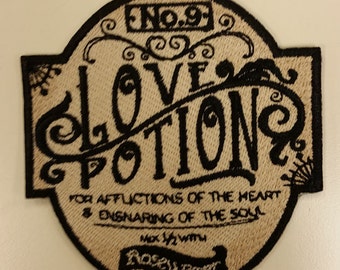 Love Potion No. 9 Embroidered Patch, Apothecary Iron On Patch, Potions Patch, Valentine's Day Patch