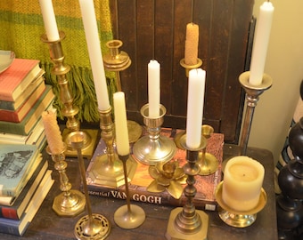 Lot of eleven brass and two silver metal vintage candlestick holders patina